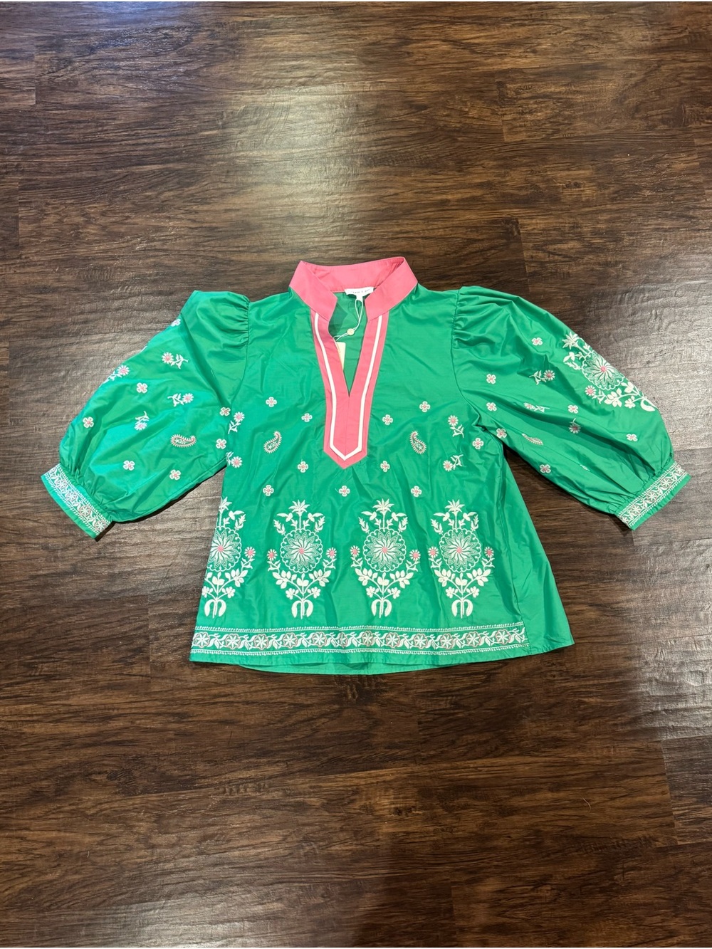 entro Green Embroidered Tunic Top with Pink Trim